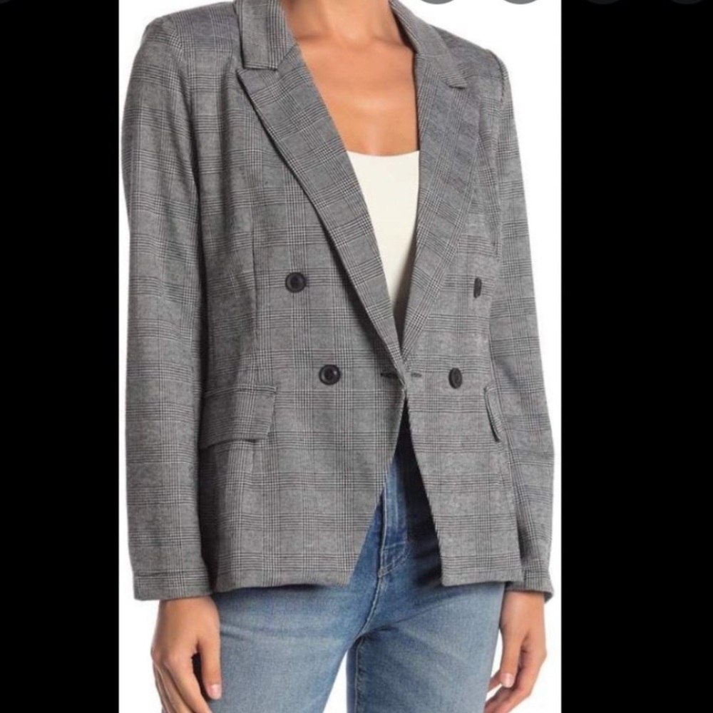 june & hudson m black white plaid double breasted jacket lined red shoulder pads